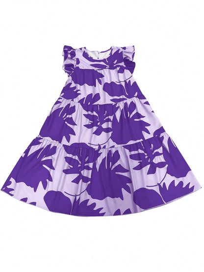 EMERY ROSE Women's Casual Plant Print Round Neck Ruffle Sleeve Dress, Suitable For Vacation