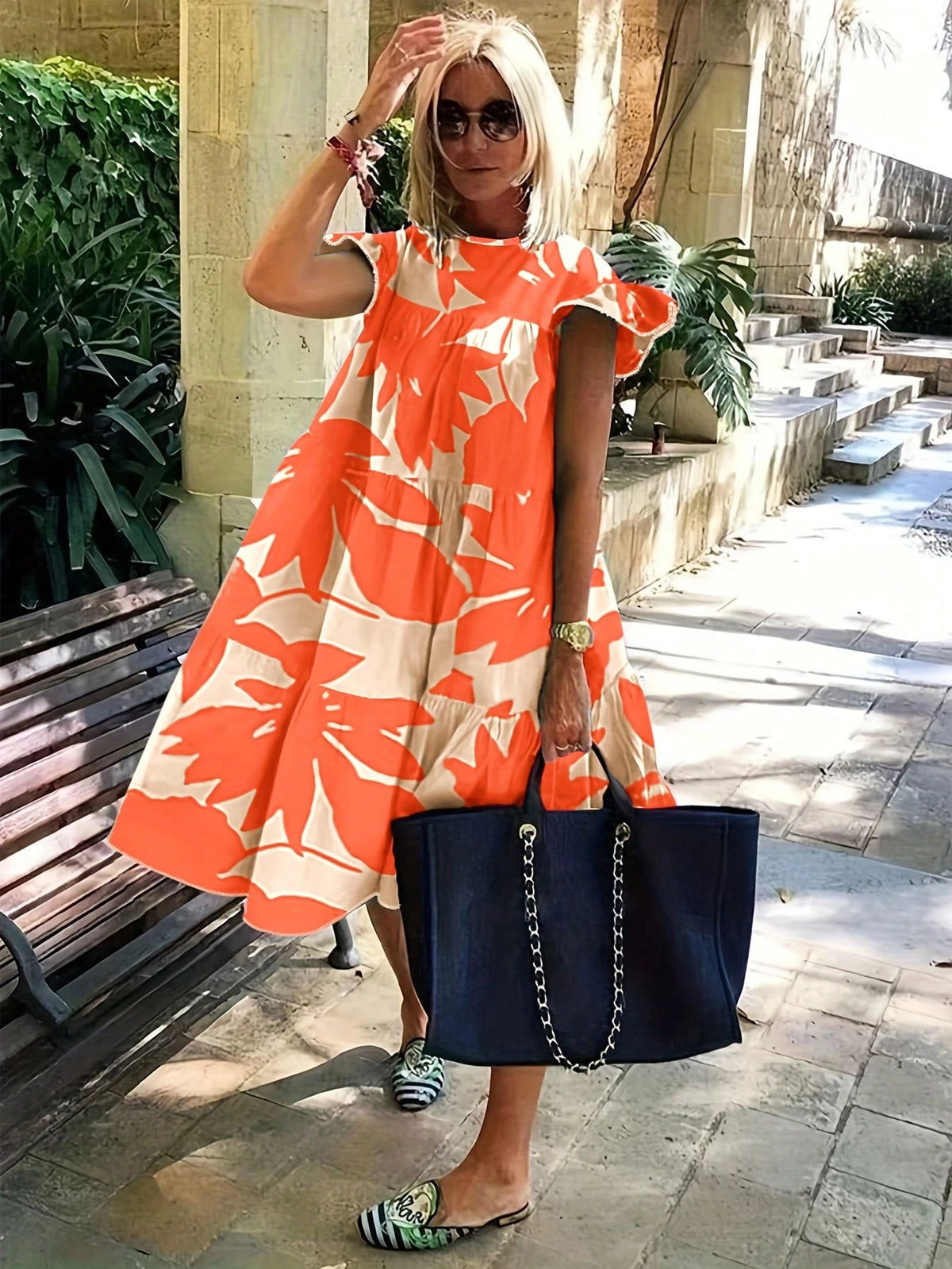EMERY ROSE Women's Casual Plant Print Round Neck Ruffle Sleeve Dress, Suitable For Vacation