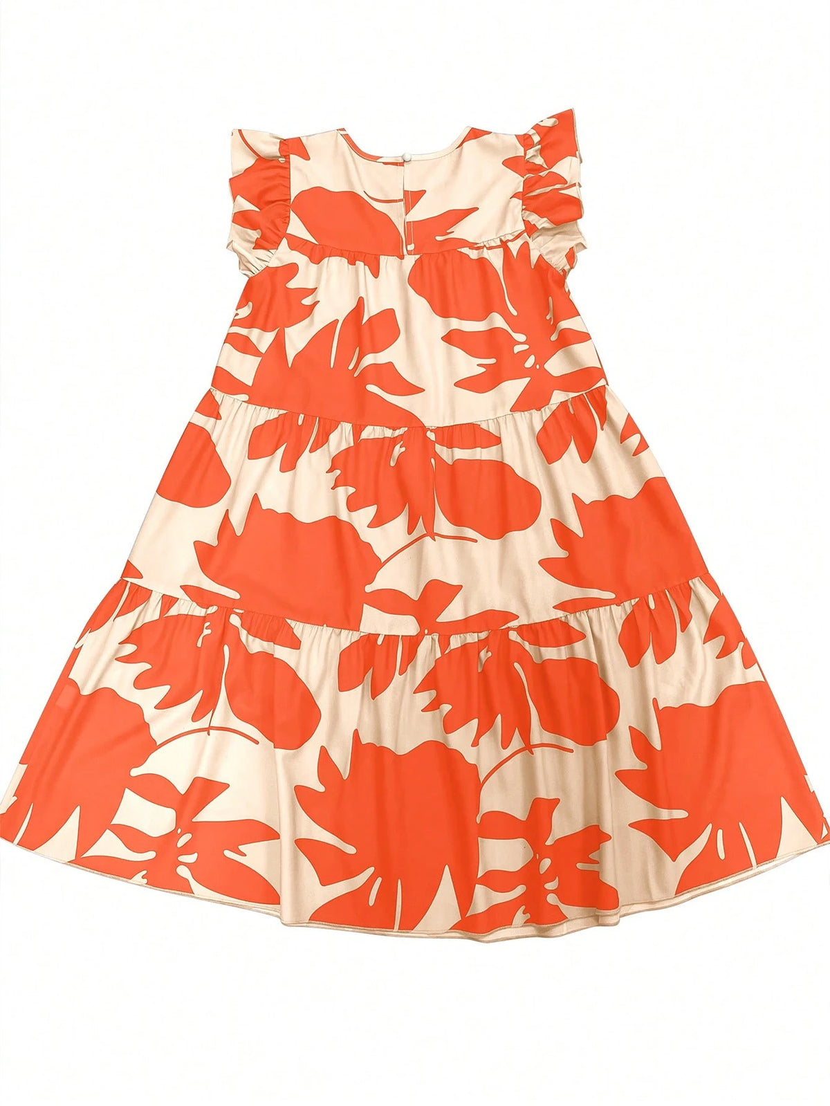 EMERY ROSE Women's Casual Plant Print Round Neck Ruffle Sleeve Dress, Suitable For Vacation