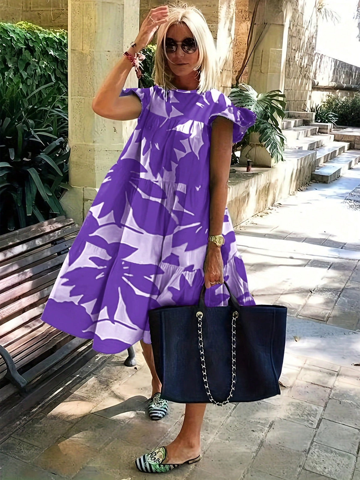 EMERY ROSE Women's Casual Plant Print Round Neck Ruffle Sleeve Dress, Suitable For Vacation