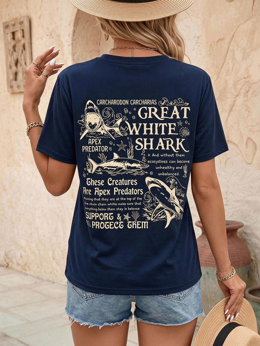 EMERY ROSE Women's Casual Shark Slogan Print Round Neck Short Sleeve T-Shirt, Summer