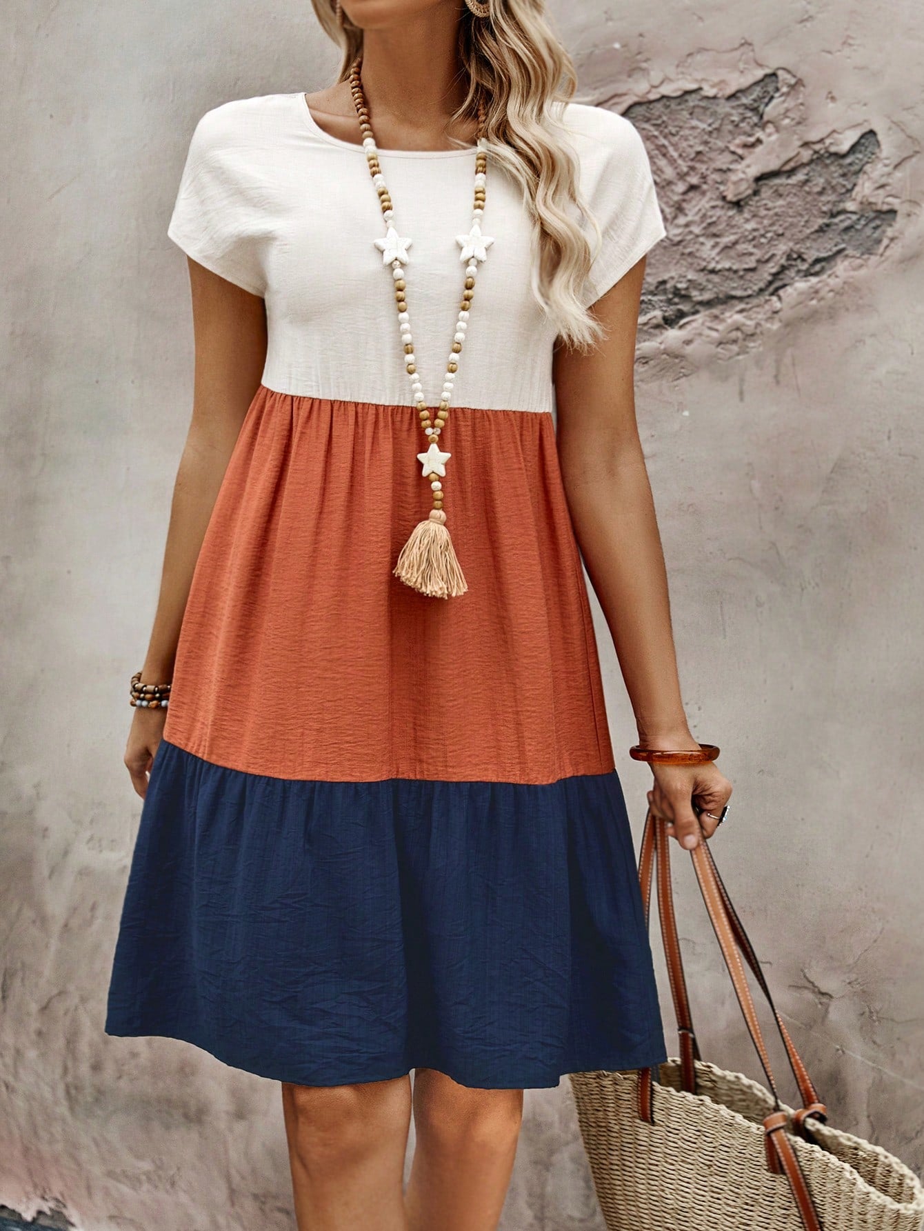 EMERY ROSE Women's Summer Contrast Color Round Neck Batwing Short Sleeve Casual Loose Mid-Length Dress