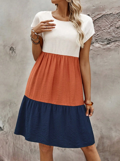 EMERY ROSE Women's Summer Contrast Color Round Neck Batwing Short Sleeve Casual Loose Mid-Length Dress