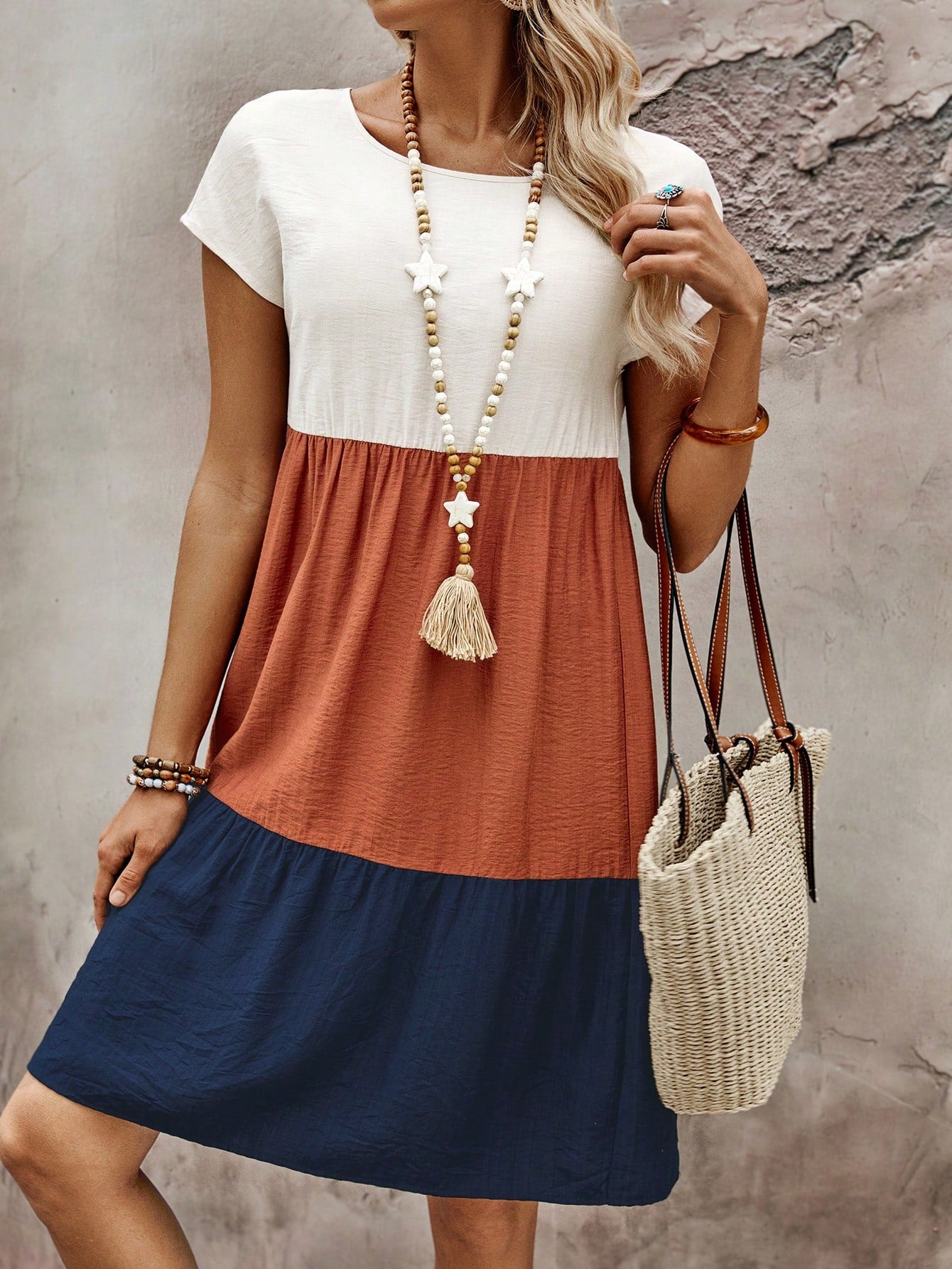 EMERY ROSE Women's Summer Contrast Color Round Neck Batwing Short Sleeve Casual Loose Mid-Length Dress