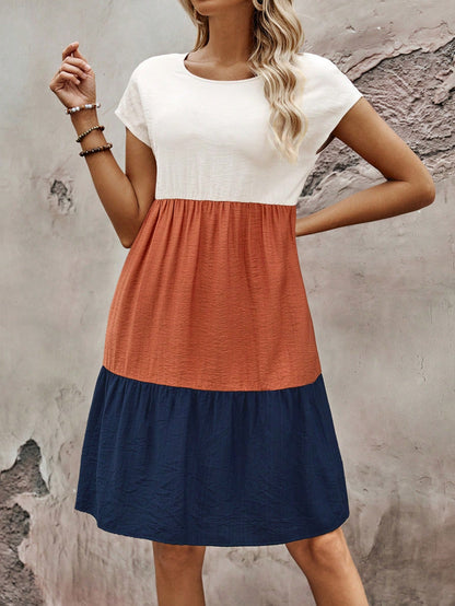EMERY ROSE Women's Summer Contrast Color Round Neck Batwing Short Sleeve Casual Loose Mid-Length Dress