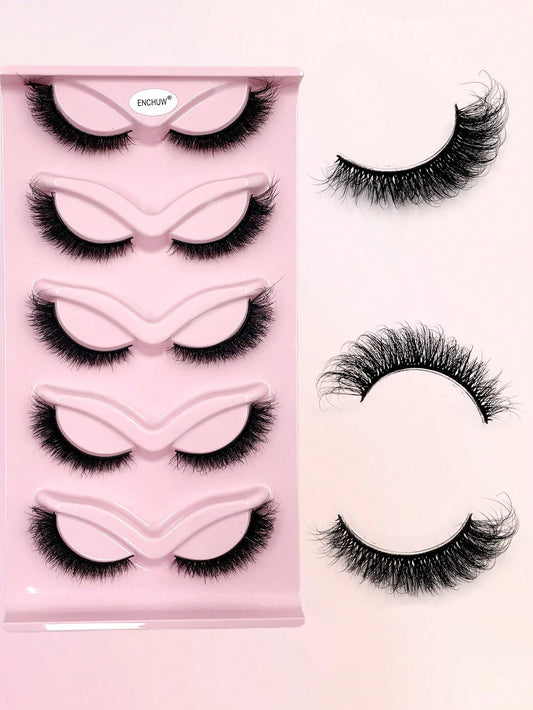 ENCHUW 5 Pairs Cat Eye Lashes Eyelashes 3D Curl Messy End Eye Manga False Eyelashes Soft Black Band Fake Lashes