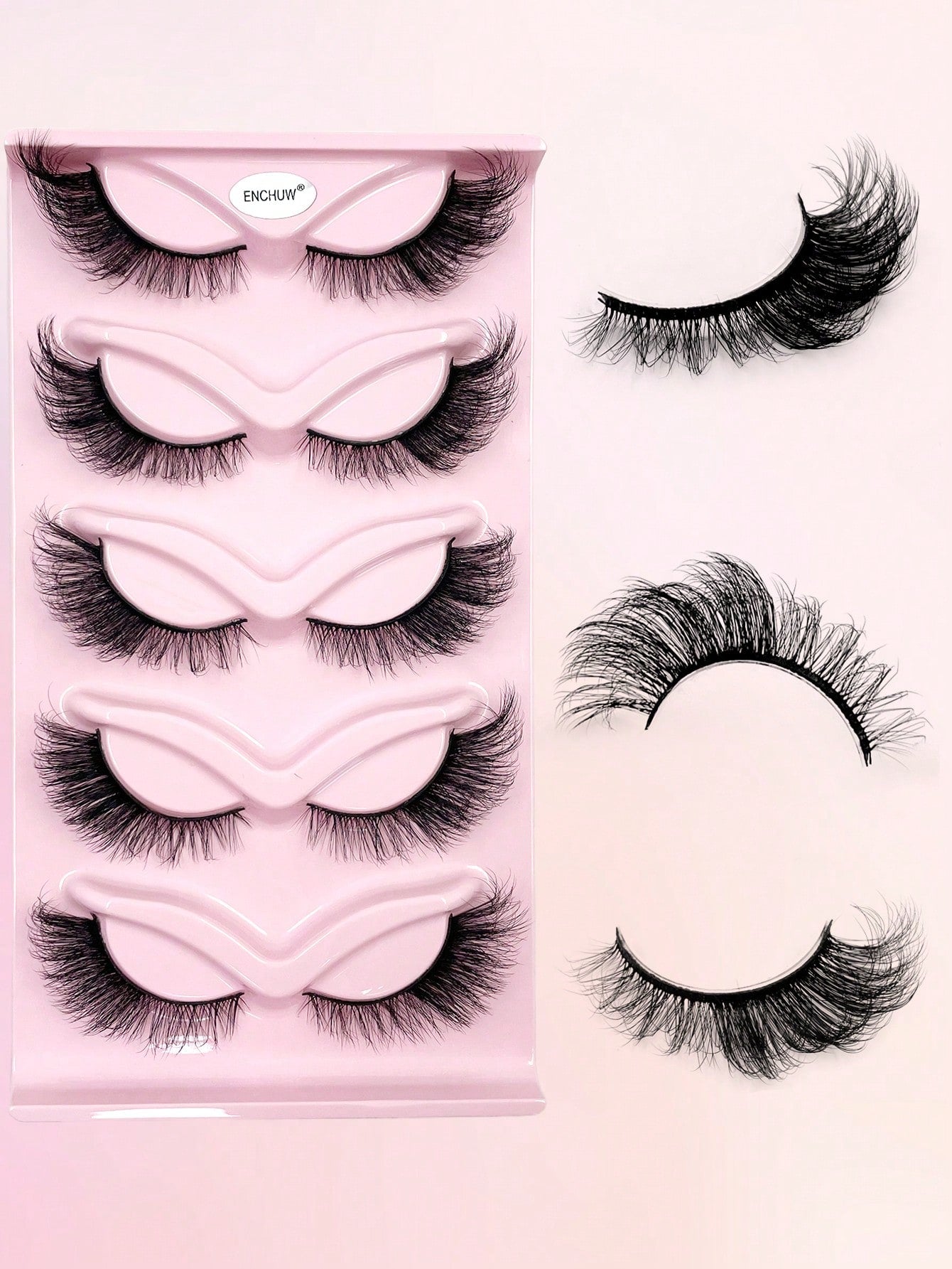 ENCHUW 5 Pairs Cat Eye Lashes Eyelashes 3D Curl Messy End Eye Manga False Eyelashes Soft Black Band Fake Lashes