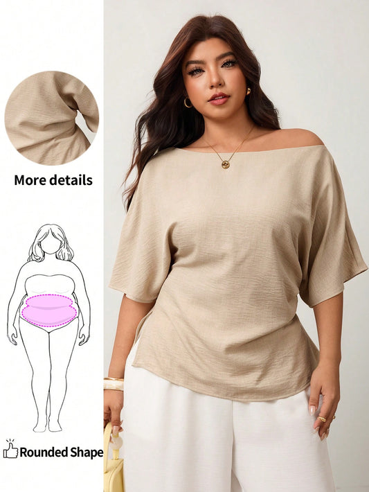 Enliva Plus Size Spring/Summer New Versatile Minimalist Elegant Commuter Asymmetric Batwing Sleeve Asymmetrical Ruched Waist Fitted Pullover Blouse Beige