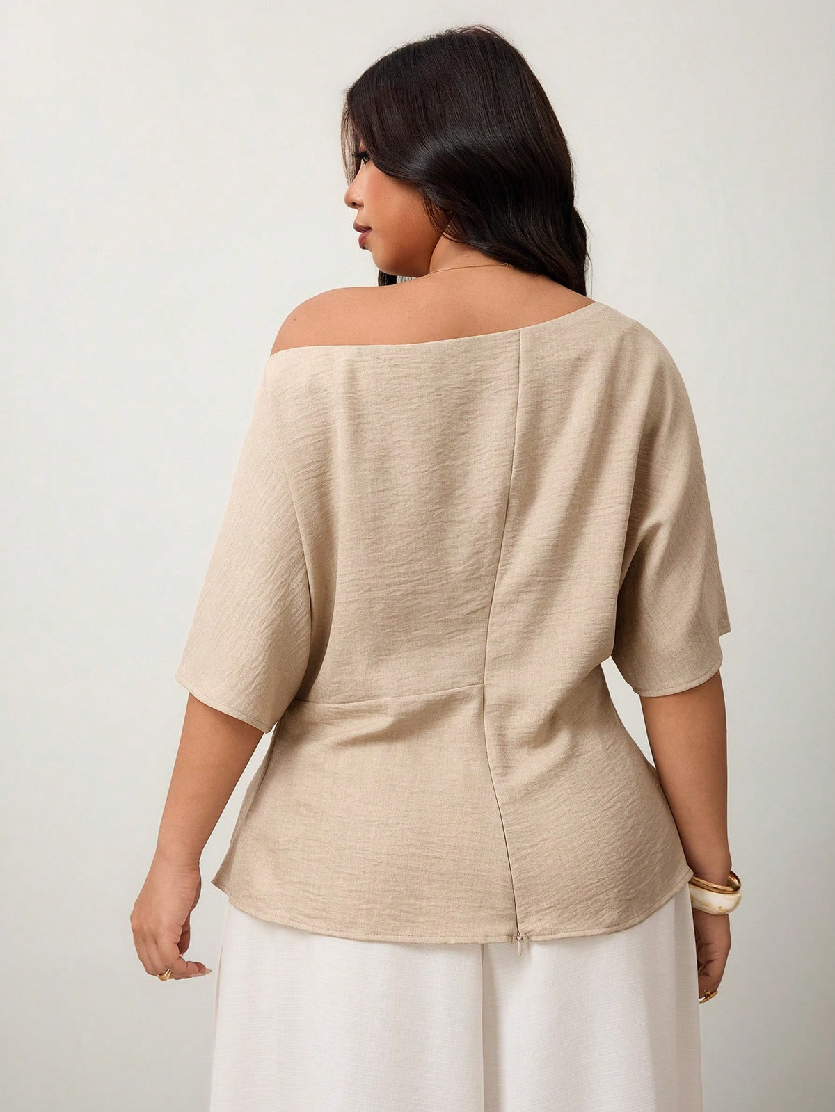 Enliva Plus Size Spring/Summer New Versatile Minimalist Elegant Commuter Asymmetric Batwing Sleeve Asymmetrical Ruched Waist Fitted Pullover Blouse Beige