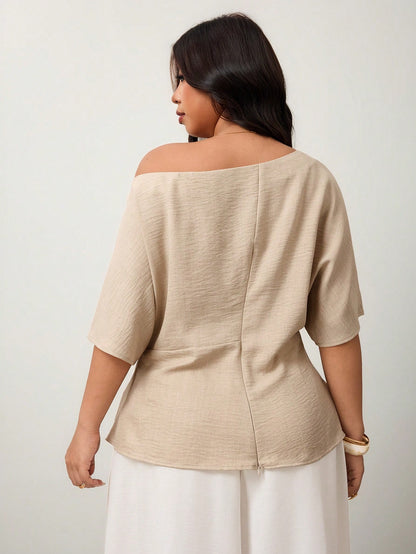 Enliva Plus Size Spring/Summer New Versatile Minimalist Elegant Commuter Asymmetric Batwing Sleeve Asymmetrical Ruched Waist Fitted Pullover Blouse Beige