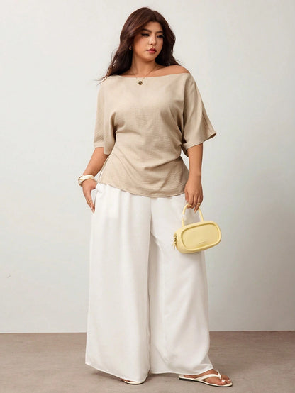 Enliva Plus Size Spring/Summer New Versatile Minimalist Elegant Commuter Asymmetric Batwing Sleeve Asymmetrical Ruched Waist Fitted Pullover Blouse Beige