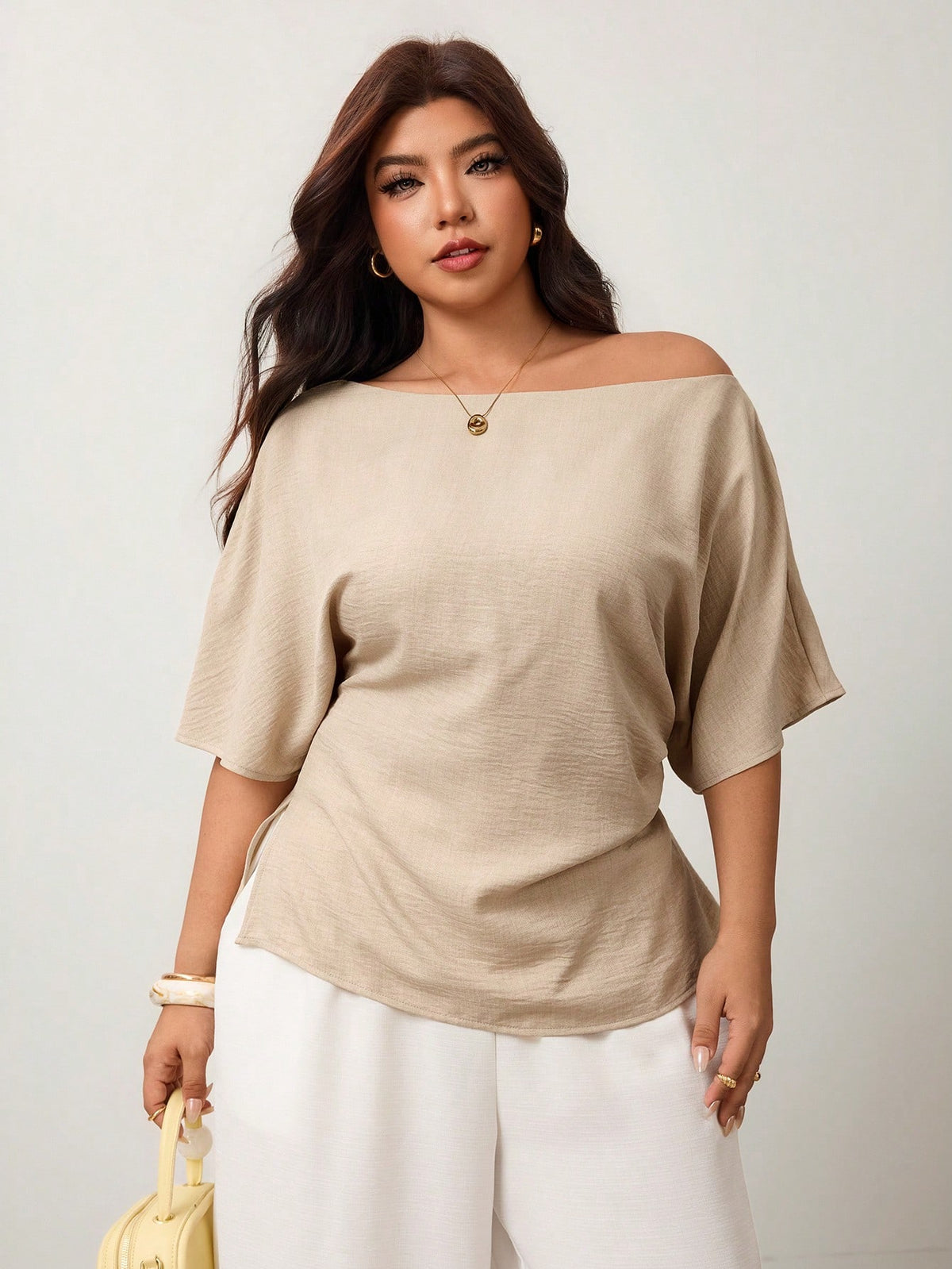 Enliva Plus Size Spring/Summer New Versatile Minimalist Elegant Commuter Asymmetric Batwing Sleeve Asymmetrical Ruched Waist Fitted Pullover Blouse Beige