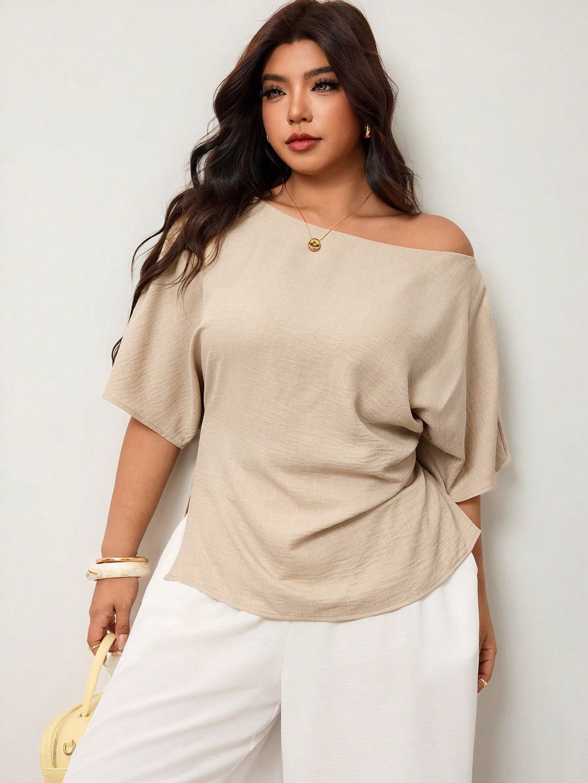 Enliva Plus Size Spring/Summer New Versatile Minimalist Elegant Commuter Asymmetric Batwing Sleeve Asymmetrical Ruched Waist Fitted Pullover Blouse Beige