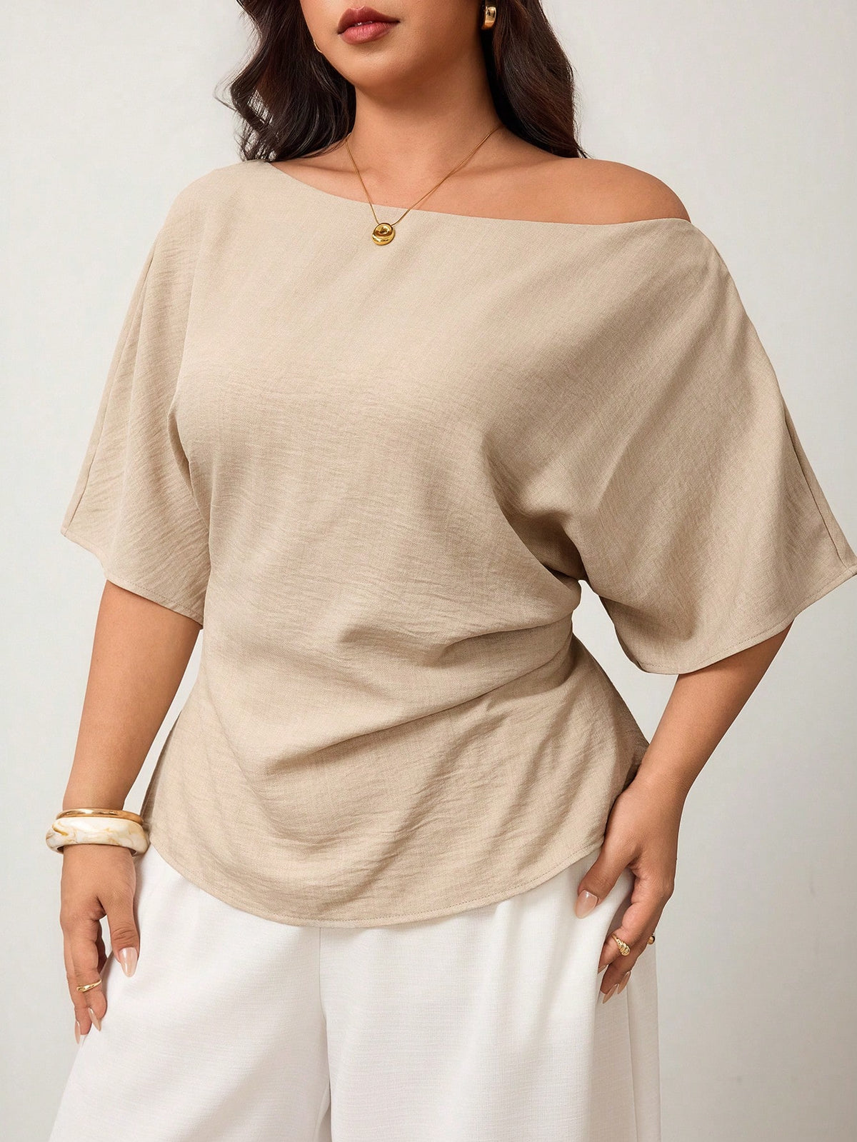 Enliva Plus Size Spring/Summer New Versatile Minimalist Elegant Commuter Asymmetric Batwing Sleeve Asymmetrical Ruched Waist Fitted Pullover Blouse Beige
