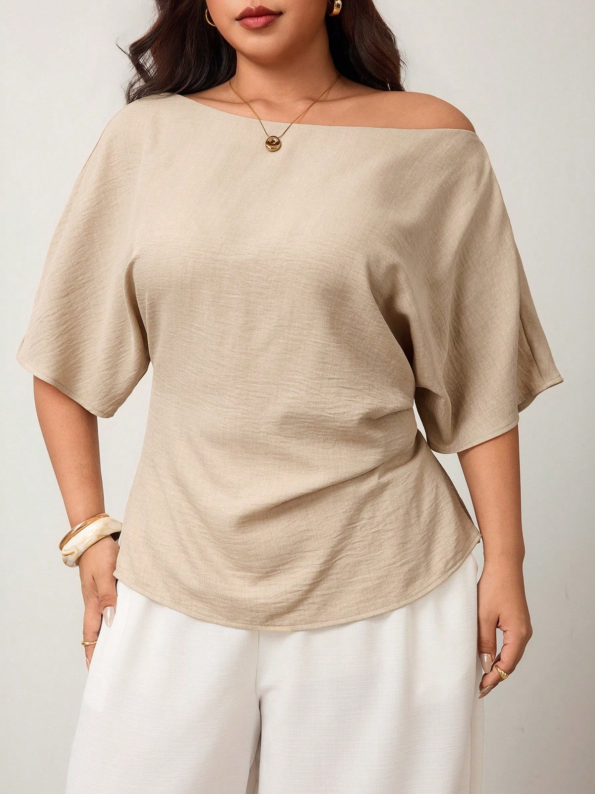 Enliva Plus Size Spring/Summer New Versatile Minimalist Elegant Commuter Asymmetric Batwing Sleeve Asymmetrical Ruched Waist Fitted Pullover Blouse Beige