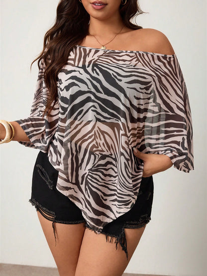 Enliva Plus Size Women's Leopard Print Bohemian Asymmetrical Shoulder T-Shirt, Casual For Vacation, Daily Wear, And Dates