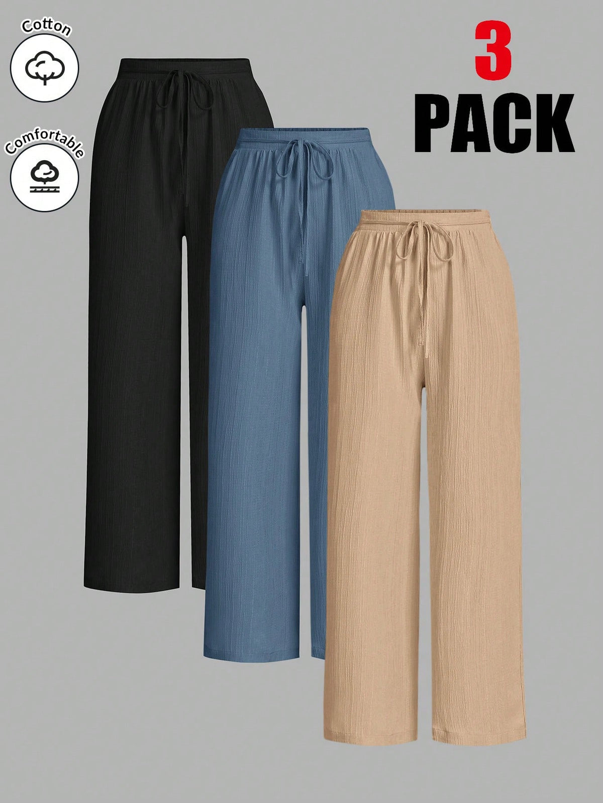 Essnce 3packs Summer Pants Women's Solid Color Waist-Tie Wide Leg Loose Casual Pants