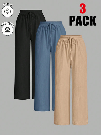 Essnce 3packs Summer Pants Women's Solid Color Waist-Tie Wide Leg Loose Casual Pants