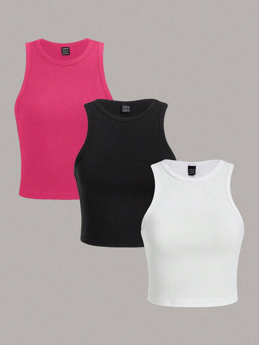 Essnce 3pcs/Set Women's Casual Slim Fit Crop Top Camisoles In Black, White And Rose Red, Summer Back To School