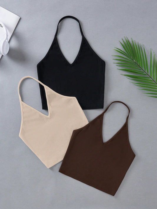 Essnce 3pcs Women Knitted Halter Neck Camisole Tops Yoga Top Women Tops Braless Tops Women's Tops For Summer Camisole Tops For Women Built In Bra
