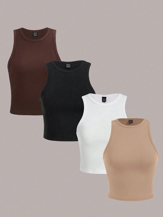 Essnce 4pcs/Set Casual, Layering, Outdoor, Home Wear, Solid Color Versatile Women Cropped Tight Camisole, Suitable For Spring/Summer