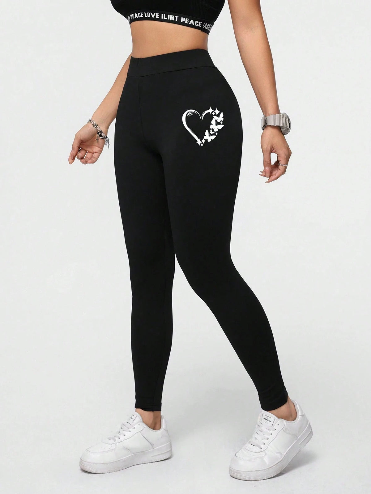 Essnce Heart Pattern Casual Sporty Athleisure Sports Knit Leggings For Women, Long Slim Fit, Summer Suitable For Going Out Workout Gym Black And White
