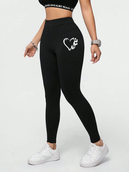 Essnce Heart Pattern Casual Sporty Athleisure Sports Knit Leggings For Women, Long Slim Fit, Summer Suitable For Going Out Workout Gym Black And White