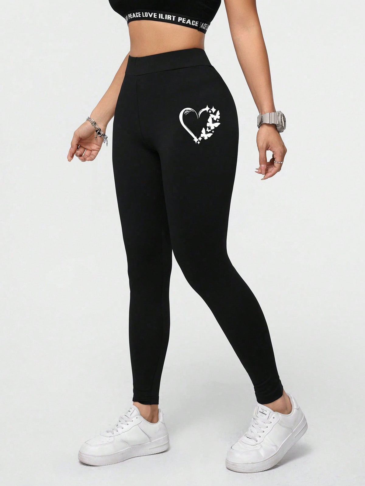 Essnce Heart Pattern Casual Sporty Athleisure Sports Knit Leggings For Women, Long Slim Fit, Summer Suitable For Going Out Workout Gym Black And White