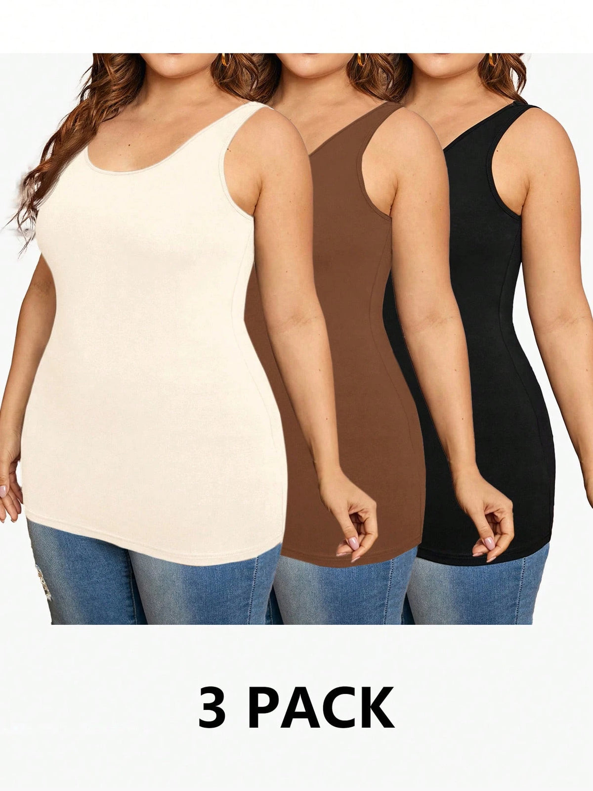 Essnce Plus Size Women's Tank Top, 3 Pieces, Black, White Brown, Inside Match,Outfits Summer Spring Date Night Office Casual