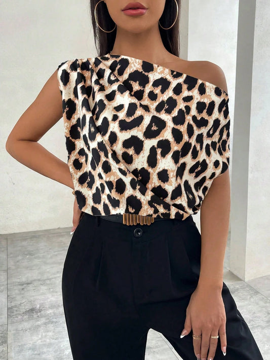 Essnce Women's Summer Fashion Leopard Print Asymmetrical Collar Shirt Casual Going Out,Short Sleeve Tops