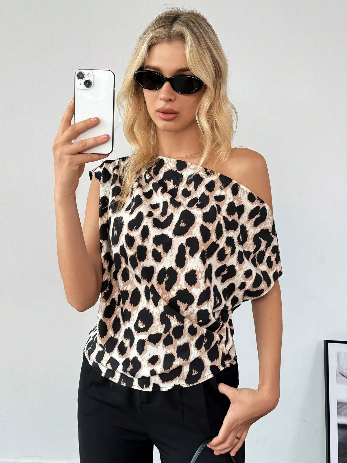 Essnce Women's Summer Fashion Leopard Print Asymmetrical Collar Shirt Casual Going Out,Short Sleeve Tops