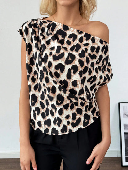 Essnce Women's Summer Fashion Leopard Print Asymmetrical Collar Shirt Casual Going Out,Short Sleeve Tops