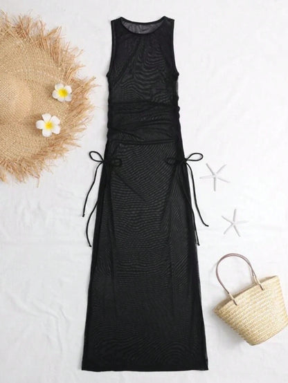 European Style Solid Color Bikini Cover-Up Beach Dress Vacation Black Summer