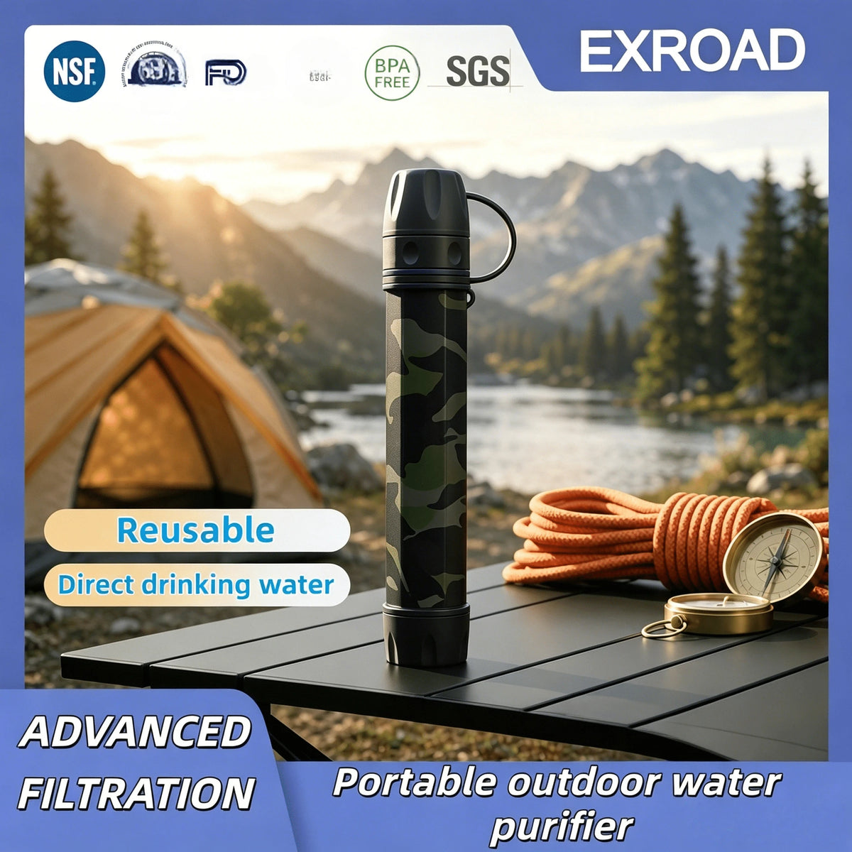 Exroad 3000L Direct Drink Water Purification Straw, Portable Emergency Filter For Camping, Hiking, Climbing, Backpacking