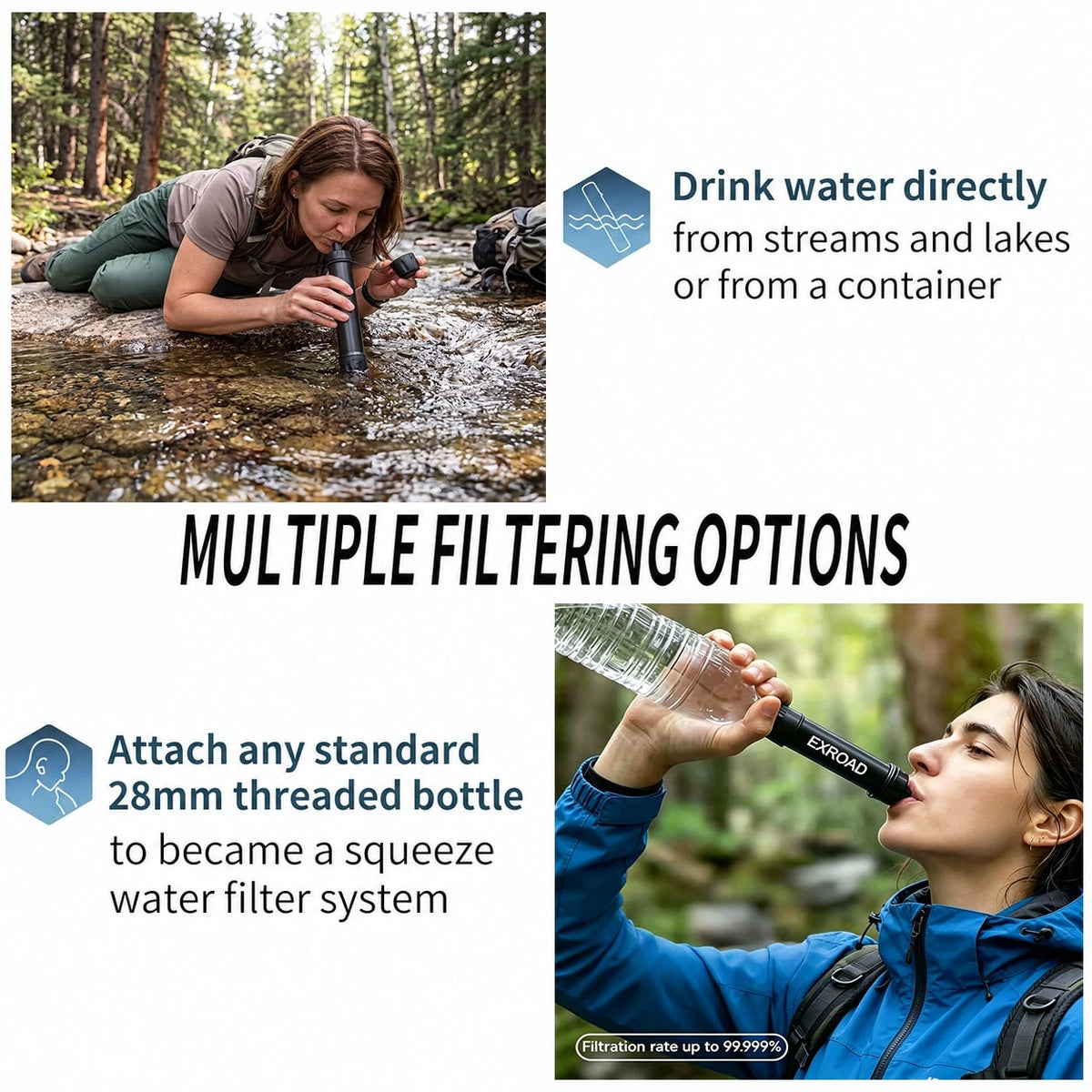 Exroad 3000L Direct Drink Water Purification Straw, Portable Emergency Filter For Camping, Hiking, Climbing, Backpacking