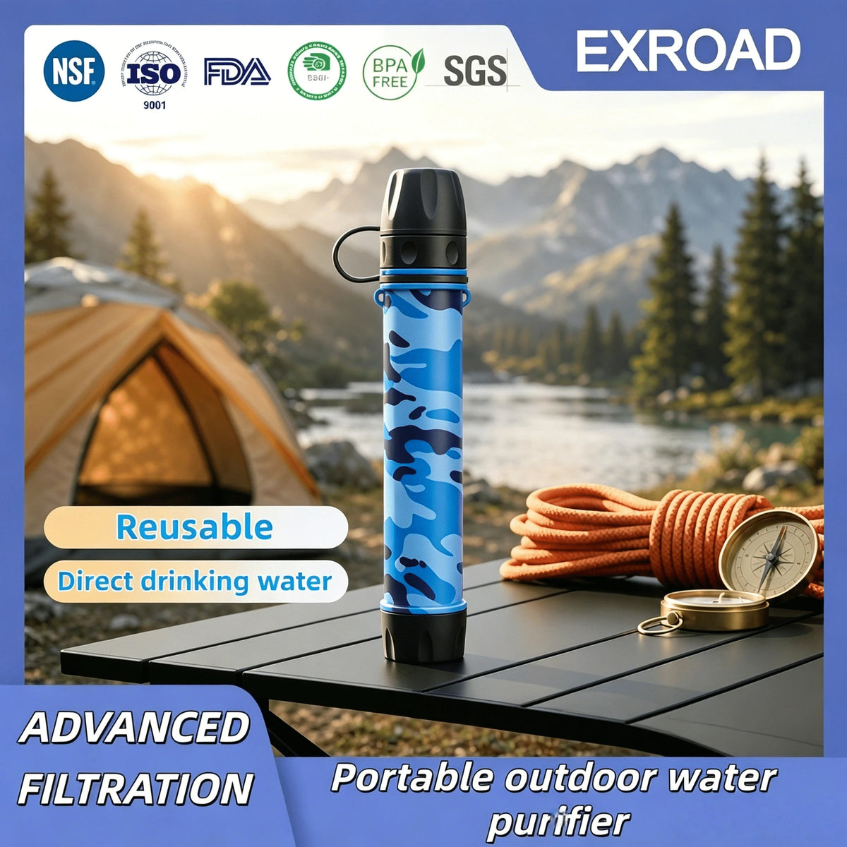 Exroad 3000L Direct Drink Water Purification Straw, Portable Emergency Filter For Camping, Hiking, Climbing, Backpacking