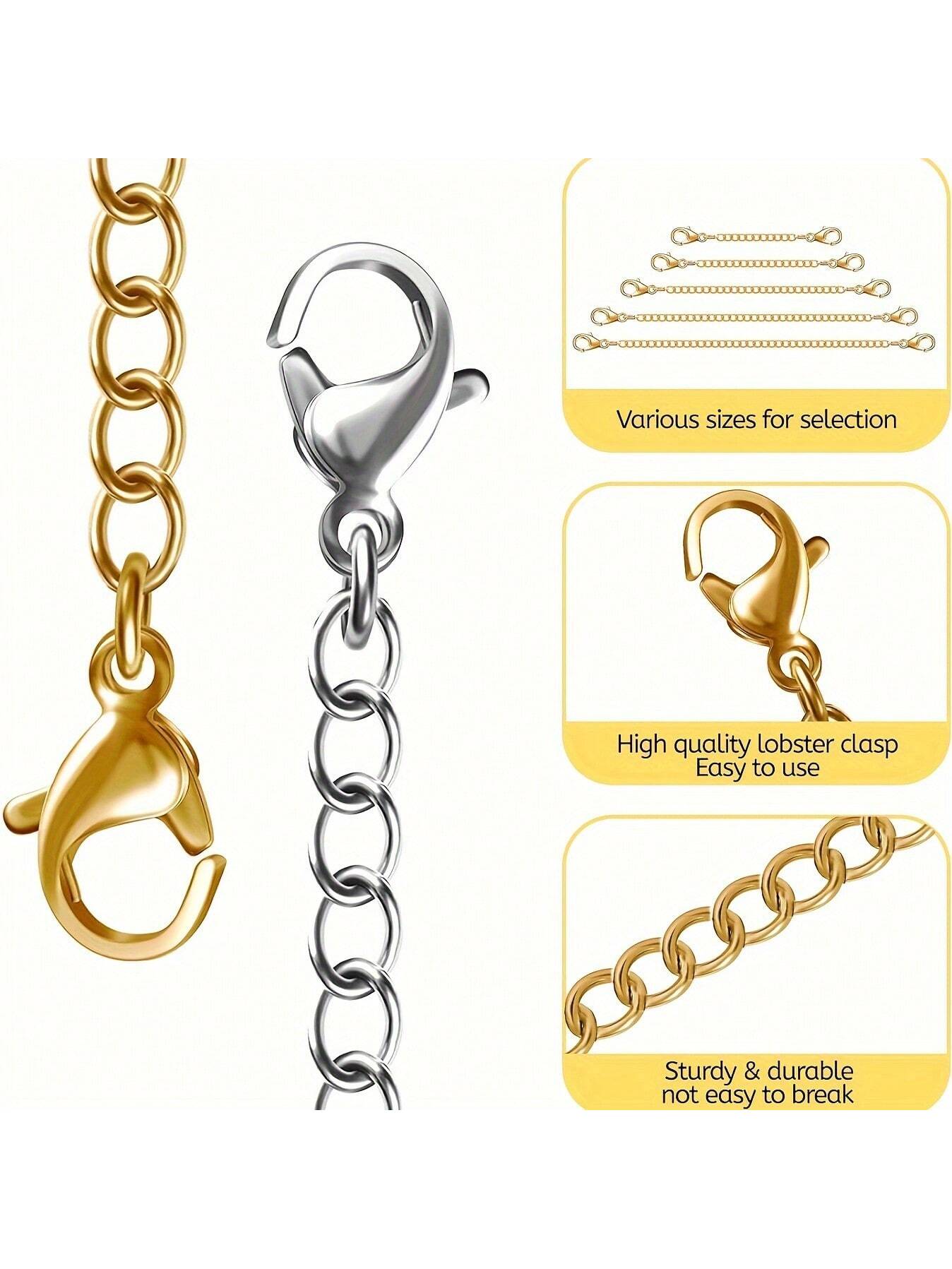 Extension Chain For Necklace, Bracelet, Anklet, And Jewelry Making, Double-Headed Lobster Clasp Jewelry Extension Chain, Golden And Silvery- 2in, 3in, 4in, 5in, 6in