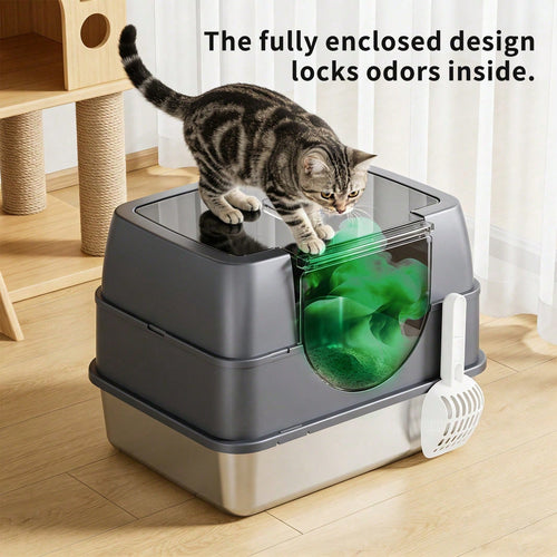Extra-Large Enclosed Stainless Steel Litter Box| Flip-Top Design With Removable Top For Easy Cleaning| High Rim To Prevent Splashing And Push-Out Steps| Includes Litter Scoop – Ideal For Indoor Cat