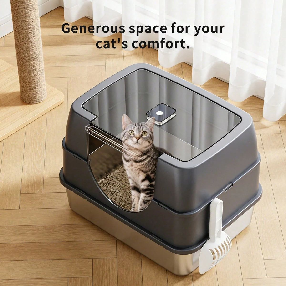 Extra-Large Enclosed Stainless Steel Litter Box| Flip-Top Design With Removable Top For Easy Cleaning| High Rim To Prevent Splashing And Push-Out Steps| Includes Litter Scoop – Ideal For Indoor Cat