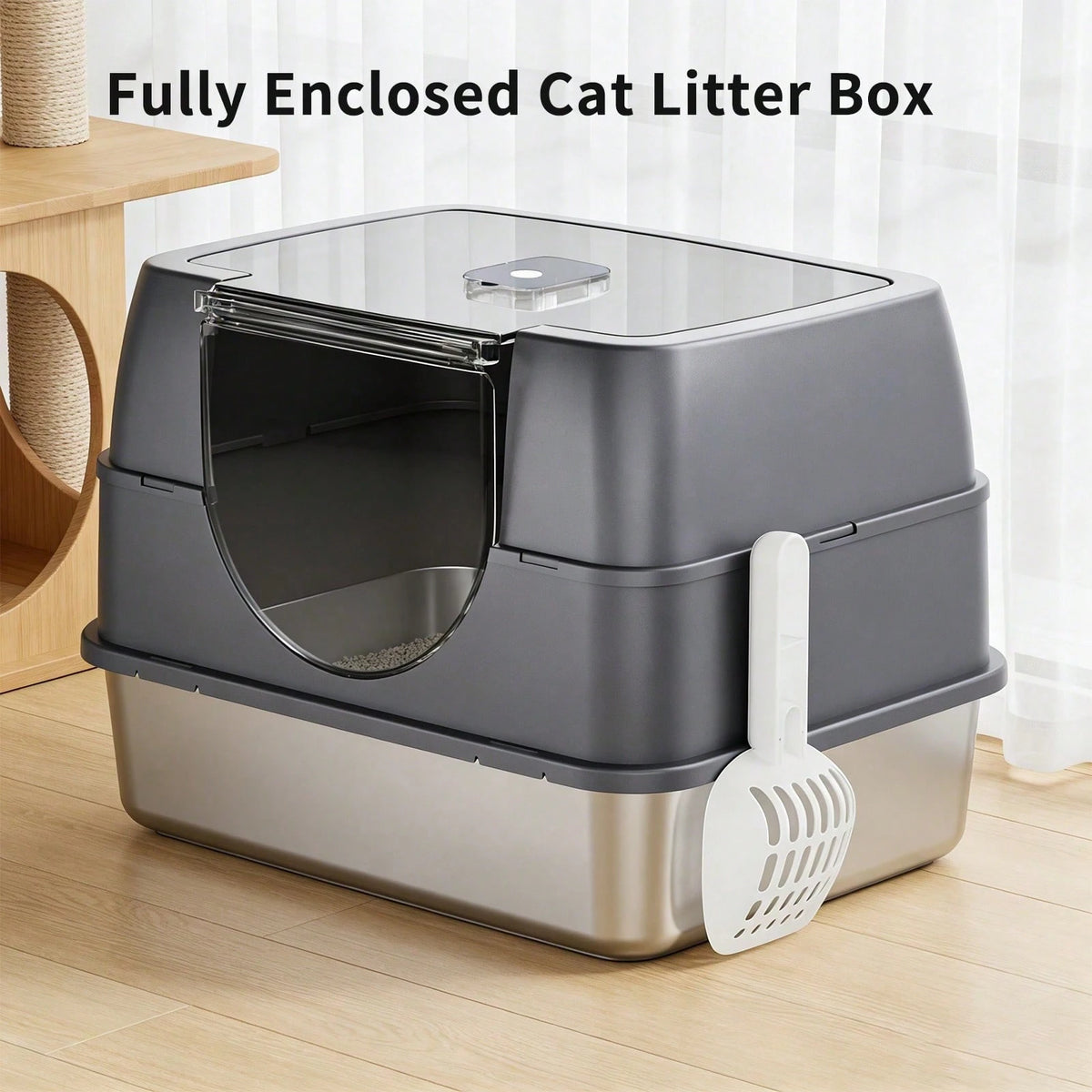 Extra-Large Enclosed Stainless Steel Litter Box| Flip-Top Design With Removable Top For Easy Cleaning| High Rim To Prevent Splashing And Push-Out Steps| Includes Litter Scoop – Ideal For Indoor Cat