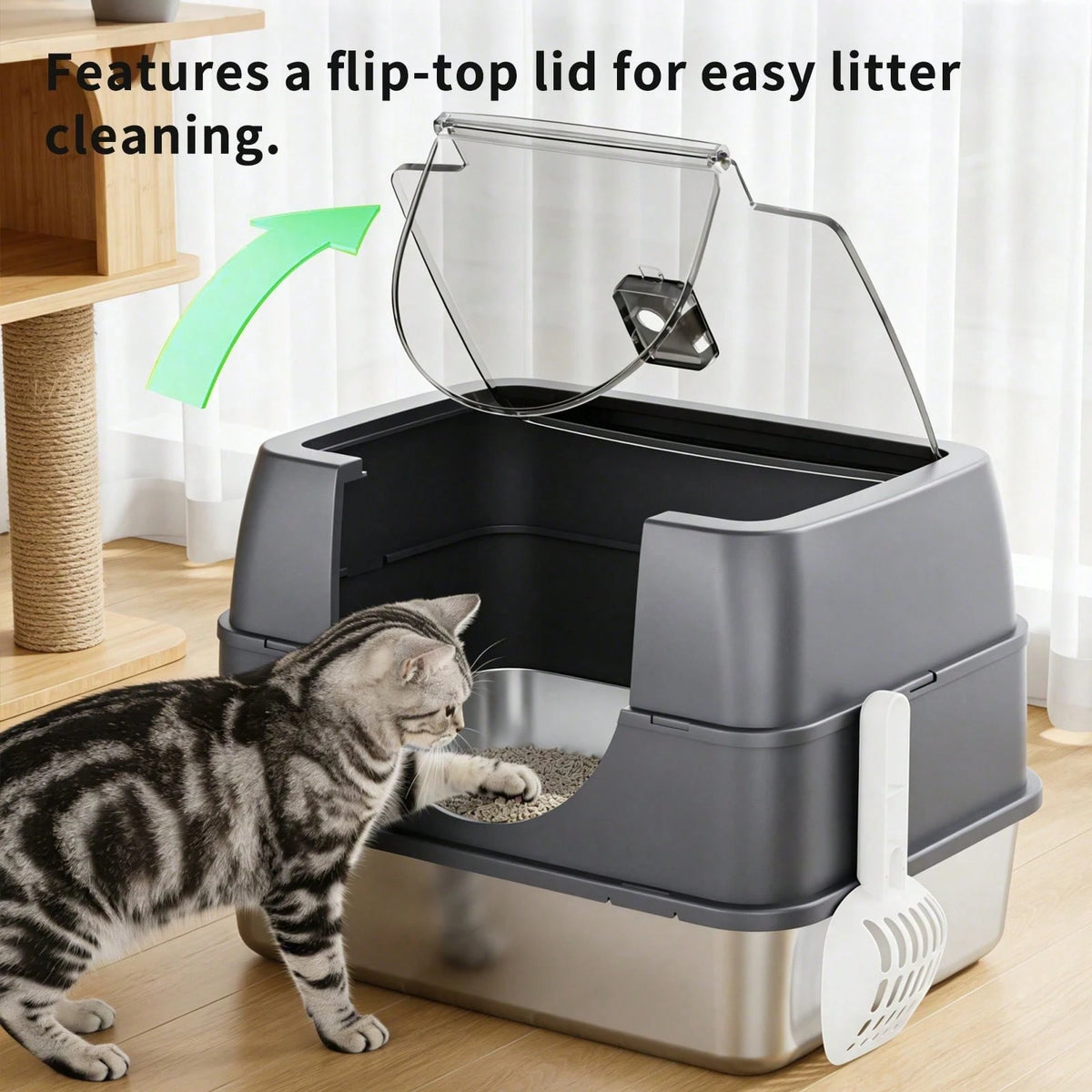 Extra-Large Enclosed Stainless Steel Litter Box| Flip-Top Design With Removable Top For Easy Cleaning| High Rim To Prevent Splashing And Push-Out Steps| Includes Litter Scoop – Ideal For Indoor Cat