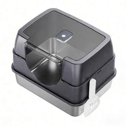 Extra-Large Enclosed Stainless Steel Litter Box| Flip-Top Design With Removable Top For Easy Cleaning| High Rim To Prevent Splashing And Push-Out Steps| Includes Litter Scoop – Ideal For Indoor Cat
