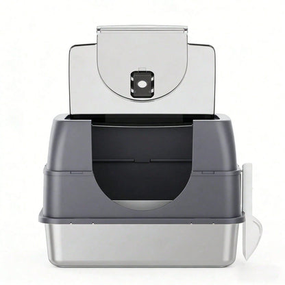Extra-Large Enclosed Stainless Steel Litter Box| Flip-Top Design With Removable Top For Easy Cleaning| High Rim To Prevent Splashing And Push-Out Steps| Includes Litter Scoop – Ideal For Indoor Cat