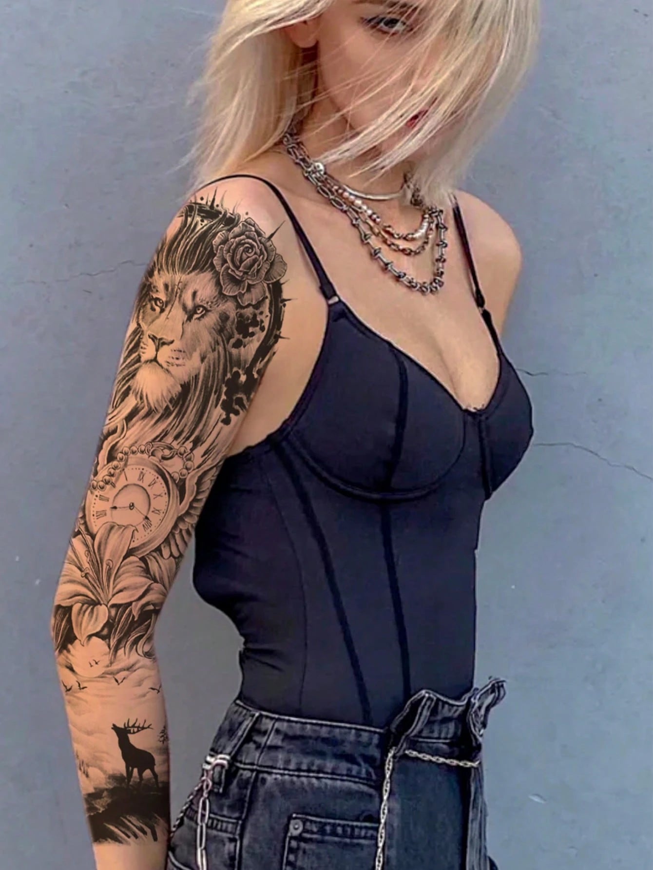 Extra Large Full Arm Size Body Art Temporary Tattoo Stickers For Men And Women, Realistic Animal Style Lion Lily Flower Pearl Clock Deer Cliff Pattern, Waterproof Fake Sleeves Tattoos, Lasts 2-5 Days