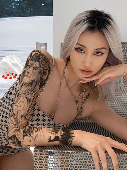 Extra Large Full Arm Size Body Art Temporary Tattoo Stickers For Men And Women, Realistic Animal Style Lion Lily Flower Pearl Clock Deer Cliff Pattern, Waterproof Fake Sleeves Tattoos, Lasts 2-5 Days