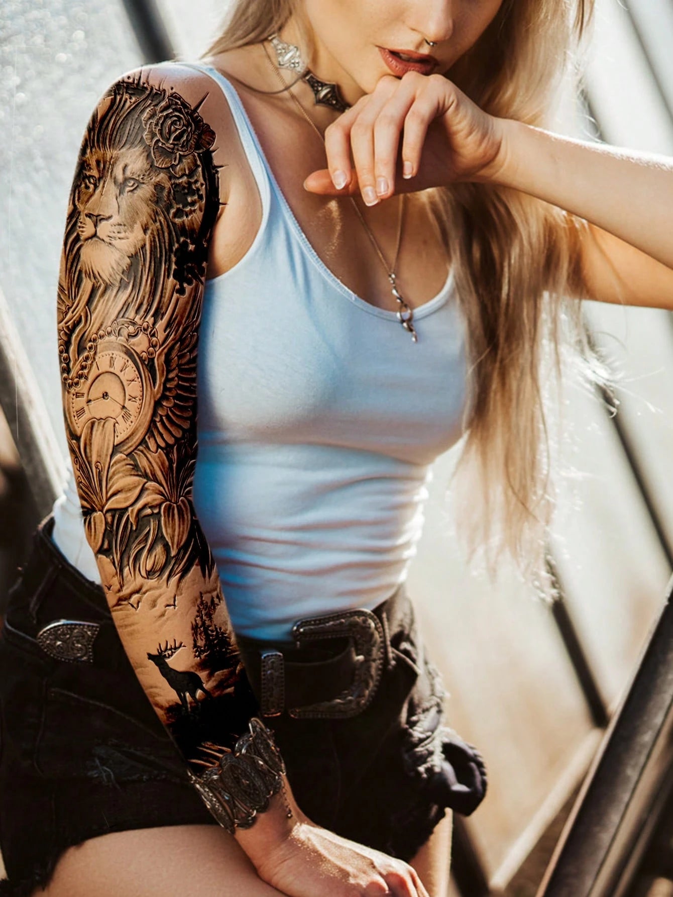 Extra Large Full Arm Size Body Art Temporary Tattoo Stickers For Men And Women, Realistic Animal Style Lion Lily Flower Pearl Clock Deer Cliff Pattern, Waterproof Fake Sleeves Tattoos, Lasts 2-5 Days