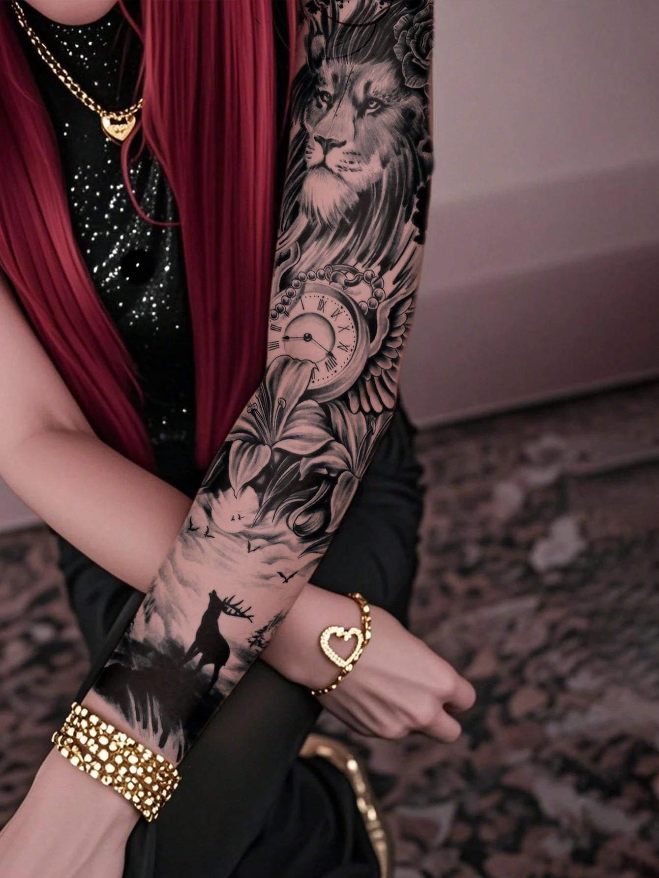 Extra Large Full Arm Size Body Art Temporary Tattoo Stickers For Men And Women, Realistic Animal Style Lion Lily Flower Pearl Clock Deer Cliff Pattern, Waterproof Fake Sleeves Tattoos, Lasts 2-5 Days