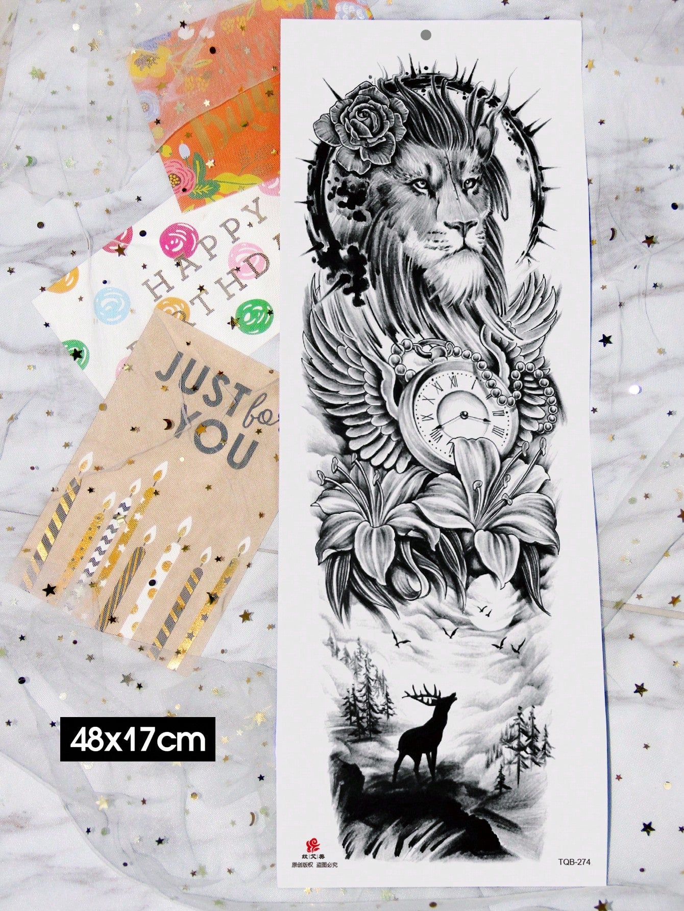 Extra Large Full Arm Size Body Art Temporary Tattoo Stickers For Men And Women, Realistic Animal Style Lion Lily Flower Pearl Clock Deer Cliff Pattern, Waterproof Fake Sleeves Tattoos, Lasts 2-5 Days