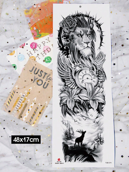 Extra Large Full Arm Size Body Art Temporary Tattoo Stickers For Men And Women, Realistic Animal Style Lion Lily Flower Pearl Clock Deer Cliff Pattern, Waterproof Fake Sleeves Tattoos, Lasts 2-5 Days