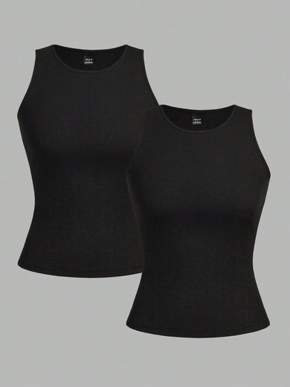 EZwear 2pcs Black Cropped Sexy Tight Fit Camisole Tops For Women, Suitable For Summer
